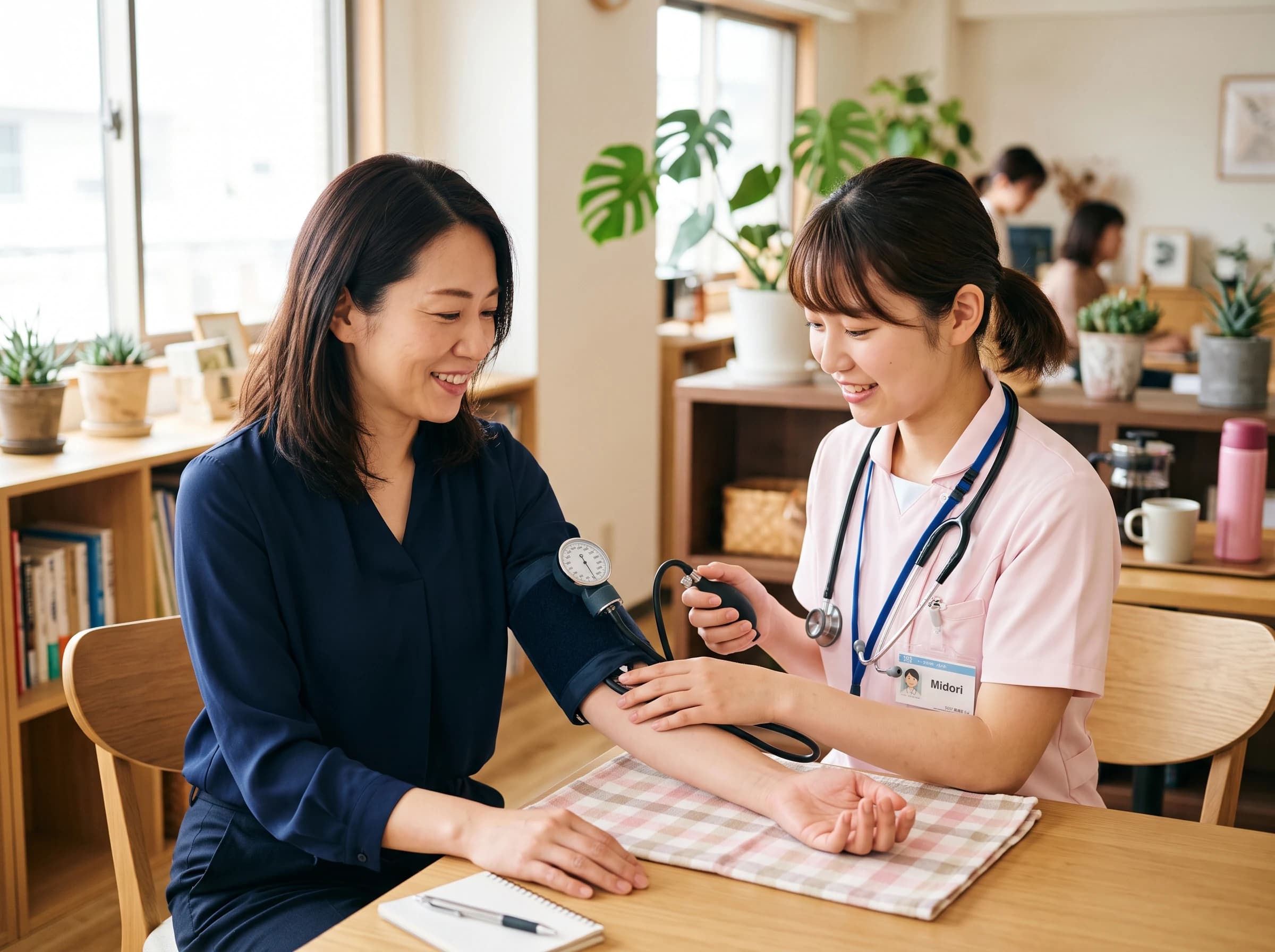 血圧測定を行う愛SEEDの看護師